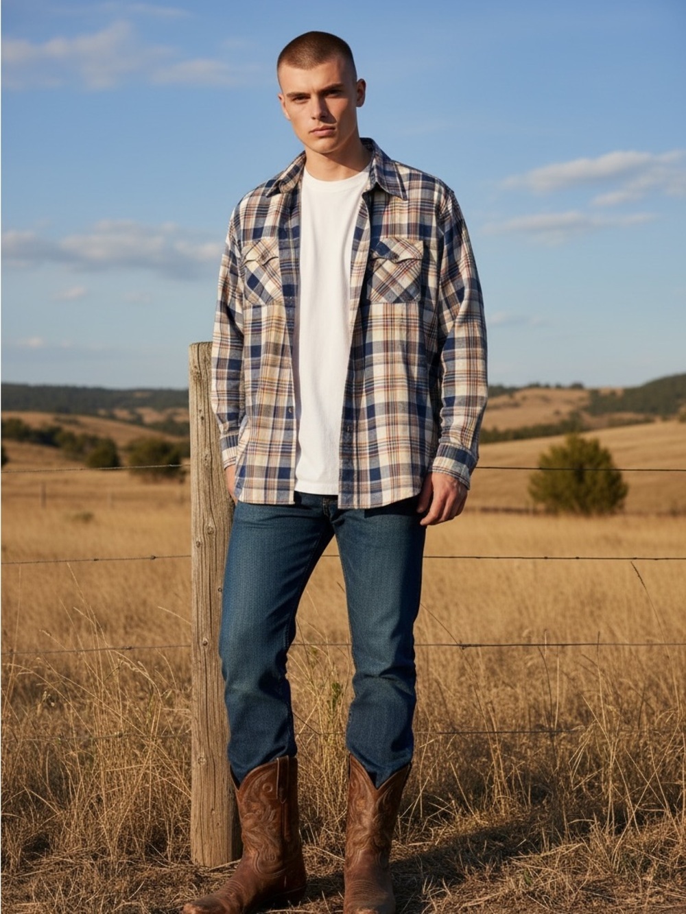 Vintage Western Shirt, L-XL, plaid, lightweight poly-cotton Cowboy Rodeo Country